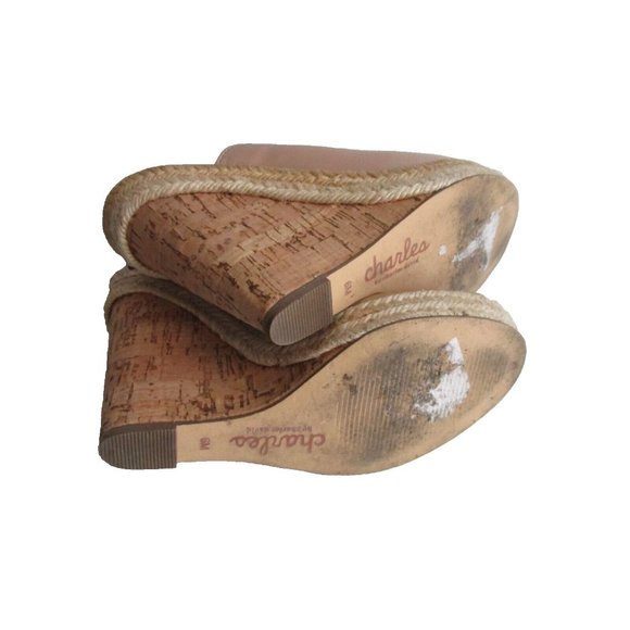*Charles David Beige Leather Mule Espadrille Slide Peep Toe Wedge Heels - Picture 7 of 7